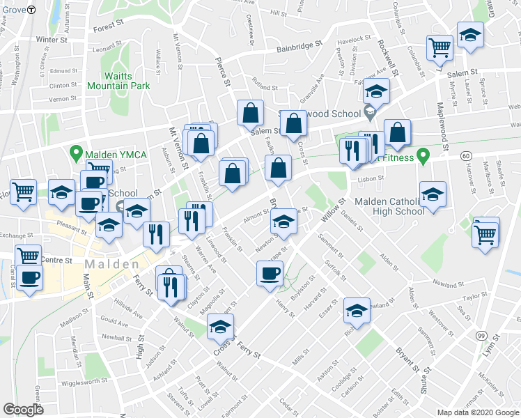 map of restaurants, bars, coffee shops, grocery stores, and more near 67 Almont Street in Malden
