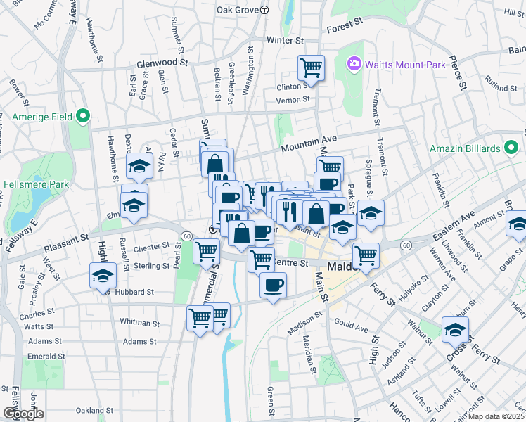 map of restaurants, bars, coffee shops, grocery stores, and more near 157 Pleasant Street in Malden