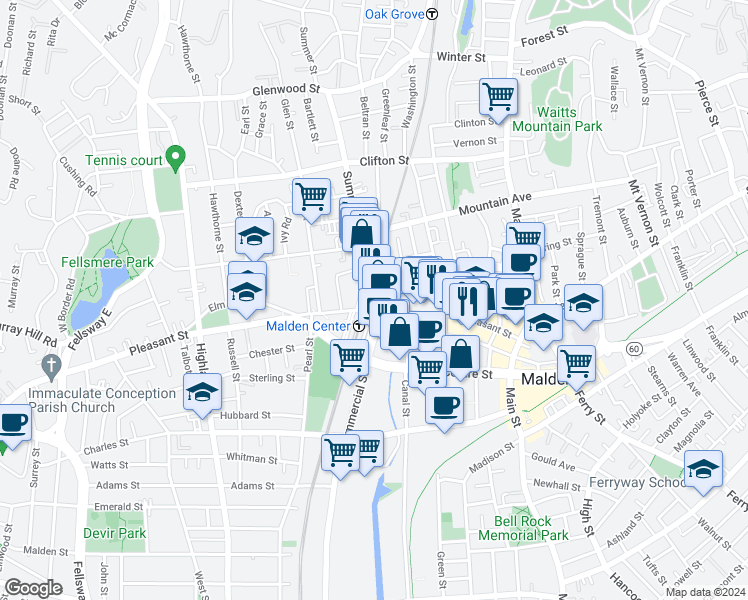 map of restaurants, bars, coffee shops, grocery stores, and more near 215 Pleasant Street in Malden