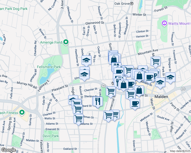 map of restaurants, bars, coffee shops, grocery stores, and more near 7 Elm Street in Malden