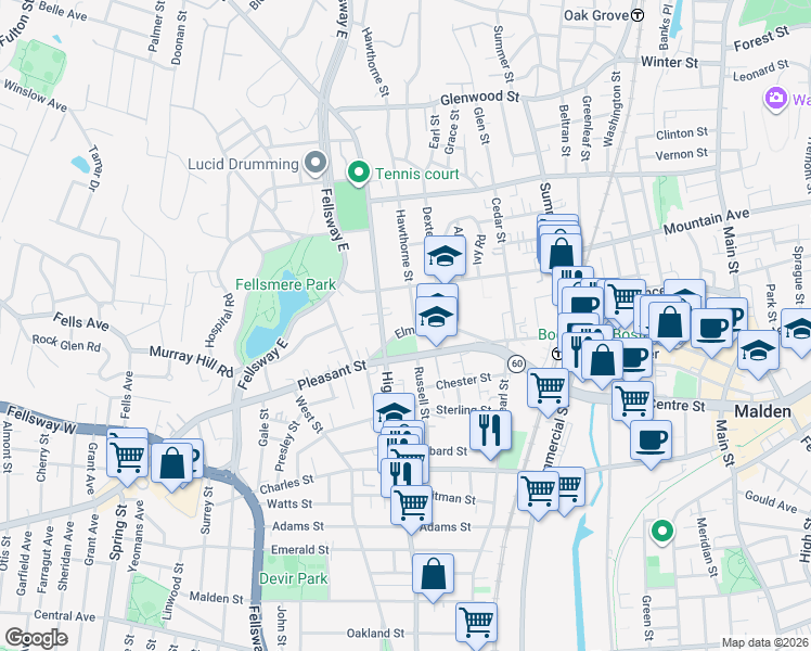 map of restaurants, bars, coffee shops, grocery stores, and more near 69 Elm Street in Malden
