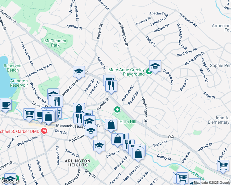 map of restaurants, bars, coffee shops, grocery stores, and more near 483 Summer Street in Arlington