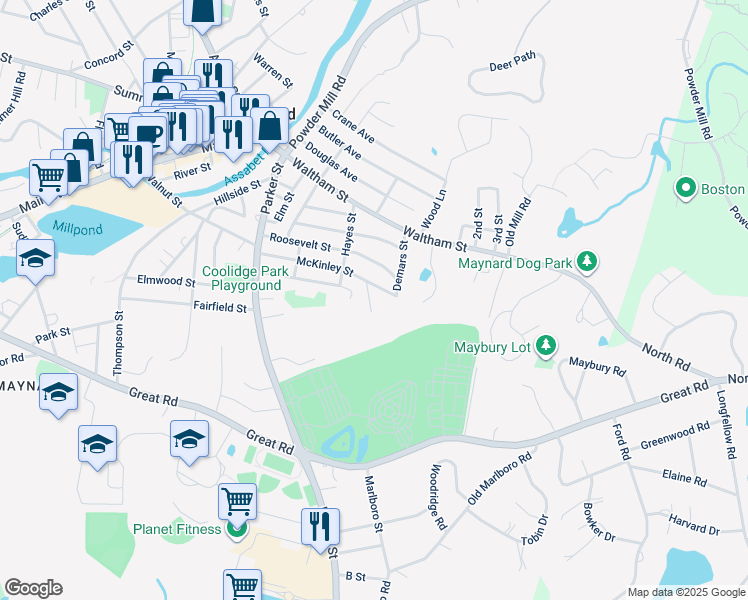 map of restaurants, bars, coffee shops, grocery stores, and more near 68 Forest Street in Maynard