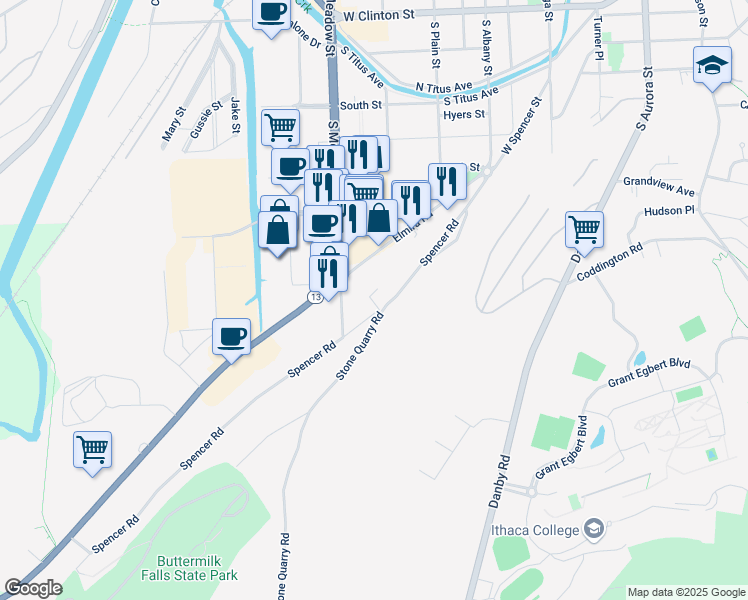 map of restaurants, bars, coffee shops, grocery stores, and more near 400 Spencer Road in Ithaca