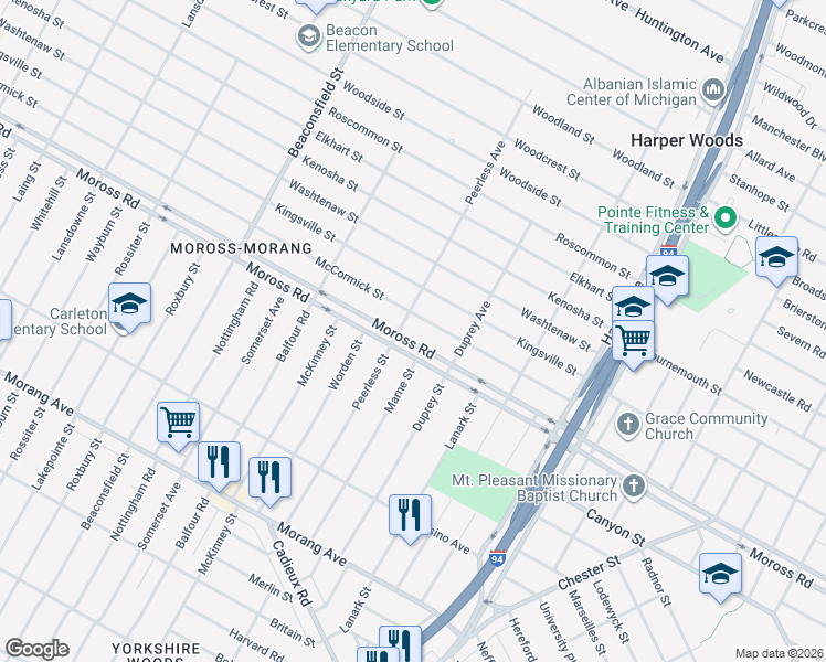 map of restaurants, bars, coffee shops, grocery stores, and more near 20202 Moross Road in Detroit