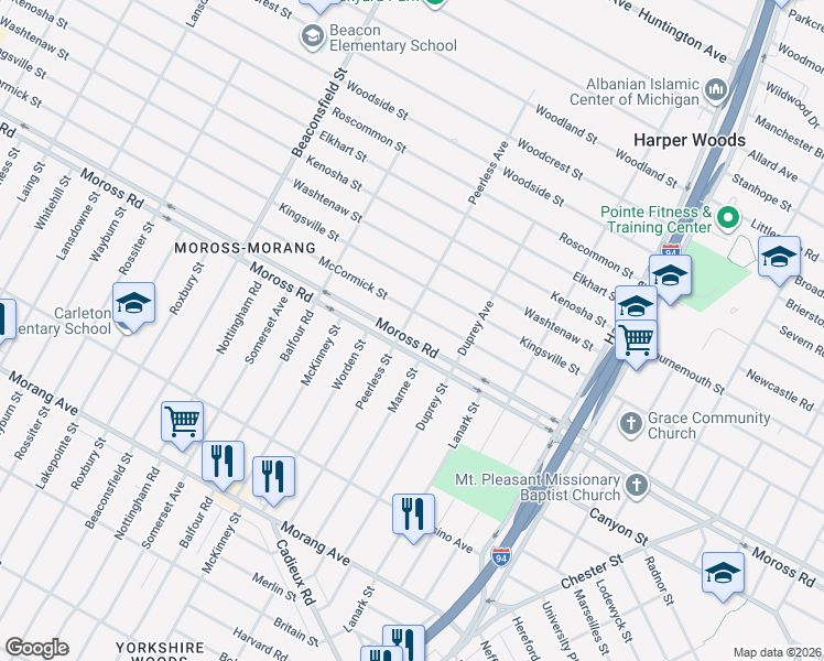 map of restaurants, bars, coffee shops, grocery stores, and more near 20202 Moross Road in Detroit