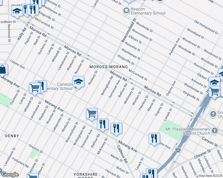 map of restaurants, bars, coffee shops, grocery stores, and more near 11569 Somerset Avenue in Detroit