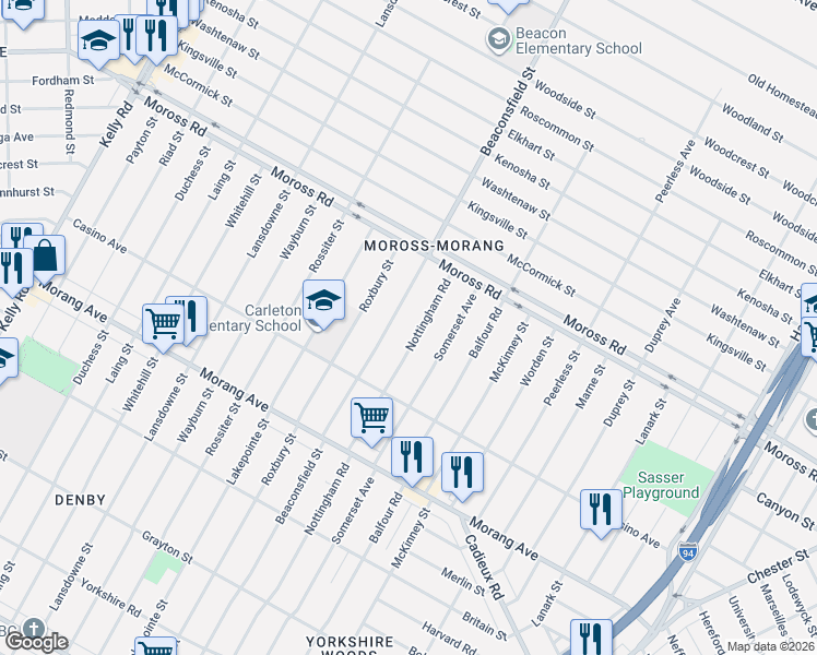 map of restaurants, bars, coffee shops, grocery stores, and more near 11635 Nottingham Road in Detroit