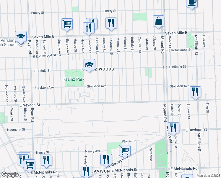map of restaurants, bars, coffee shops, grocery stores, and more near 18105 Conley Street in Detroit