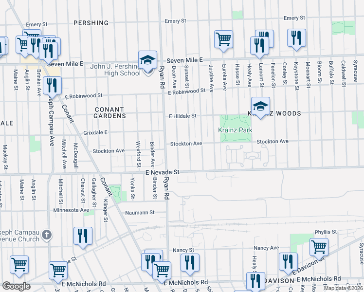 map of restaurants, bars, coffee shops, grocery stores, and more near 18101 Sunset Street in Detroit