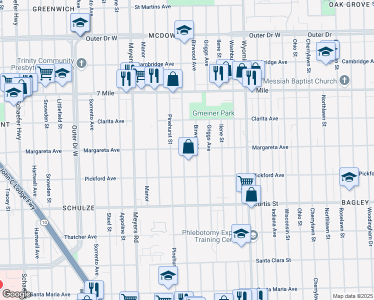 map of restaurants, bars, coffee shops, grocery stores, and more near 18508 Mendota Street in Detroit