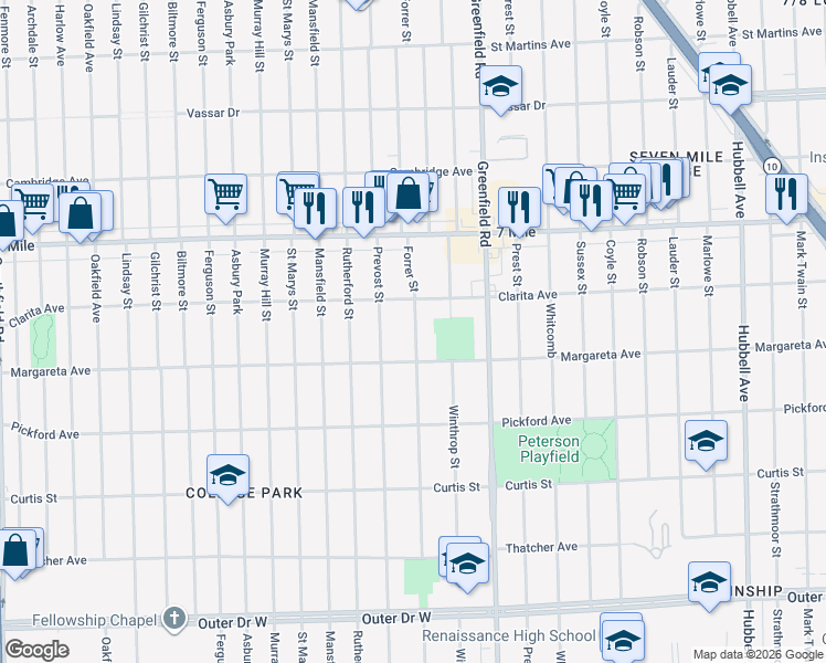 map of restaurants, bars, coffee shops, grocery stores, and more near 18644 Forrer Street in Detroit