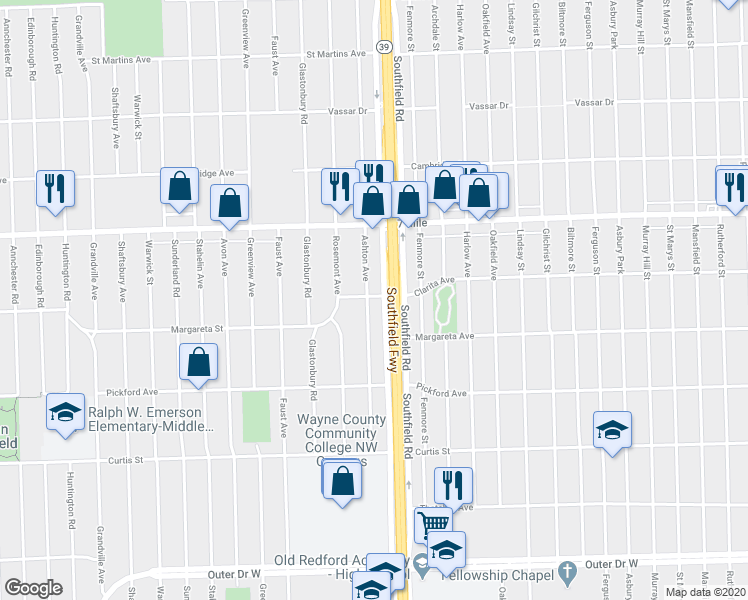 map of restaurants, bars, coffee shops, grocery stores, and more near 18582 Ashton Avenue in Detroit