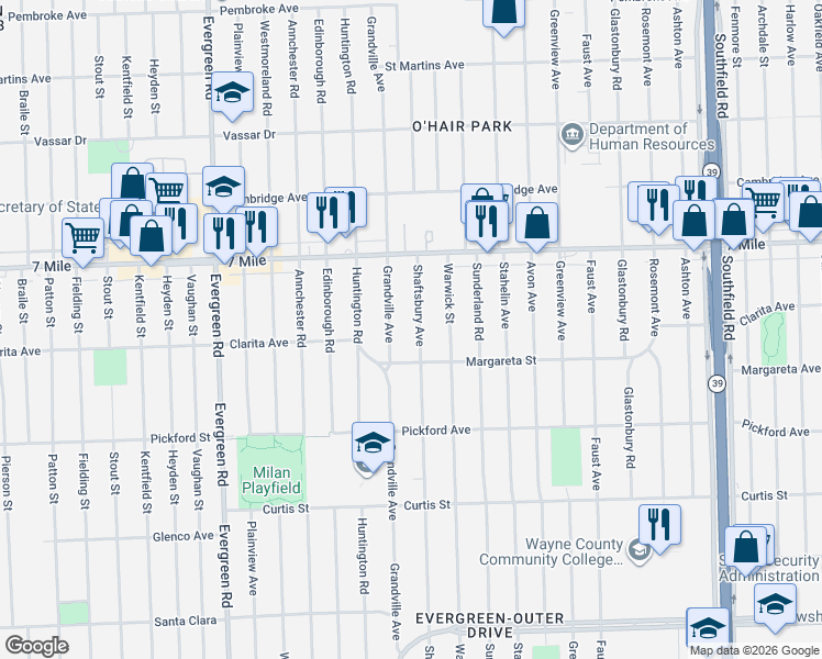 map of restaurants, bars, coffee shops, grocery stores, and more near 18650 Shaftsbury Avenue in Detroit