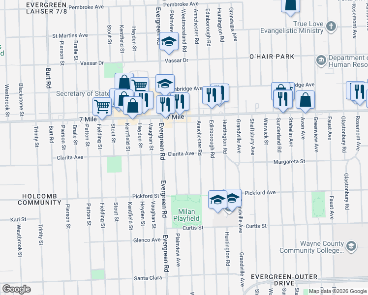 map of restaurants, bars, coffee shops, grocery stores, and more near 18910 Westmoreland Road in Detroit