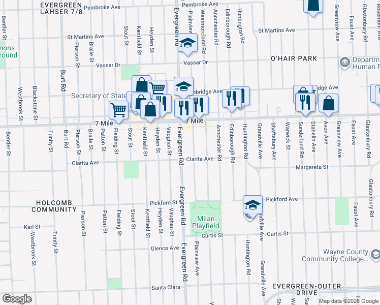 map of restaurants, bars, coffee shops, grocery stores, and more near 18917 Plainview Avenue in Detroit