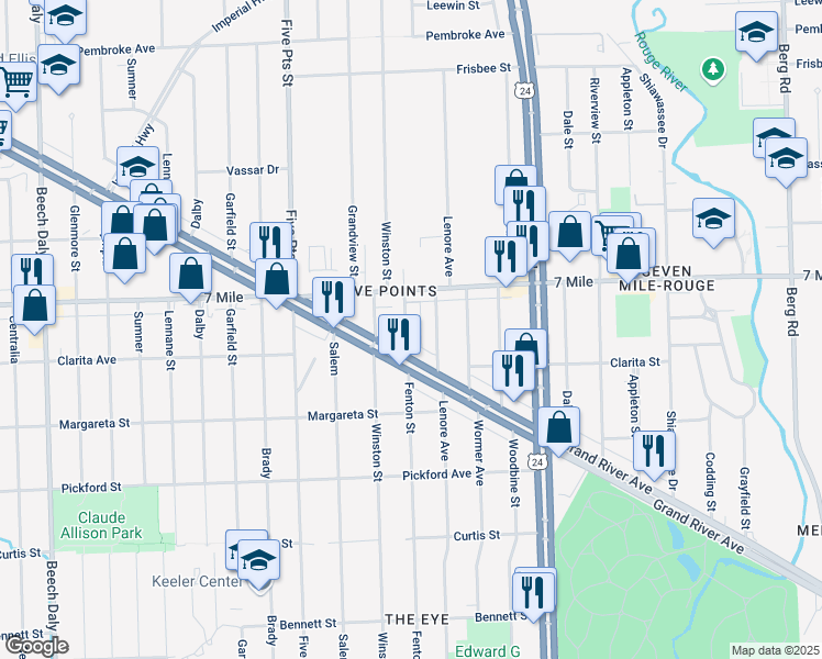 map of restaurants, bars, coffee shops, grocery stores, and more near 18979 Fenton in Detroit