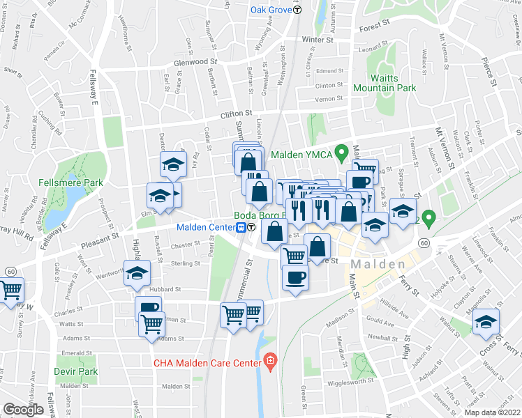 map of restaurants, bars, coffee shops, grocery stores, and more near 93 Florence Street in Malden