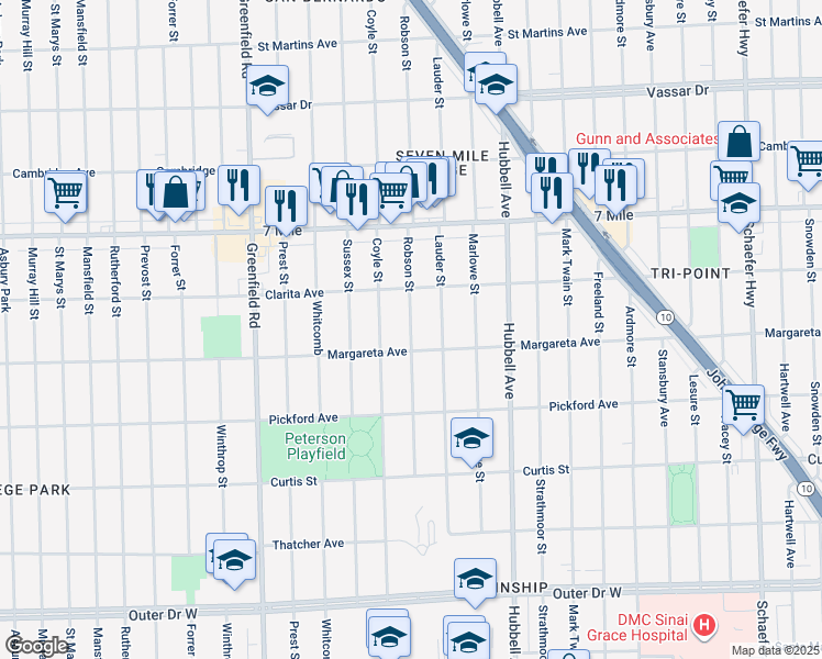 map of restaurants, bars, coffee shops, grocery stores, and more near 18629 Lauder Street in Detroit