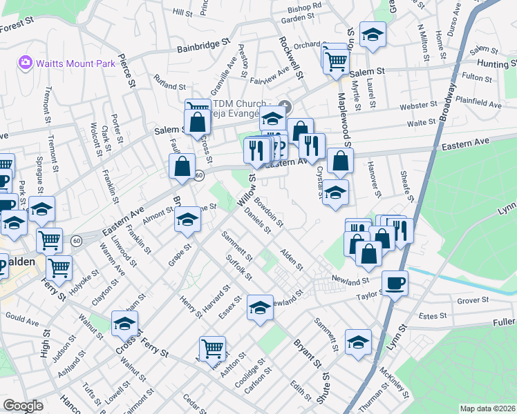 map of restaurants, bars, coffee shops, grocery stores, and more near Bowdoin Street in Malden