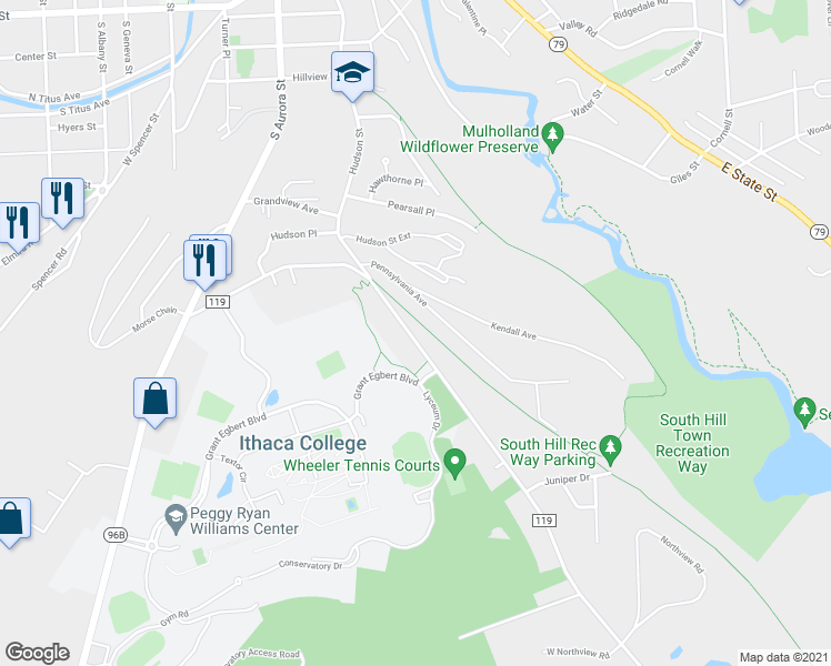 map of restaurants, bars, coffee shops, grocery stores, and more near 221 Coddington Road in Ithaca
