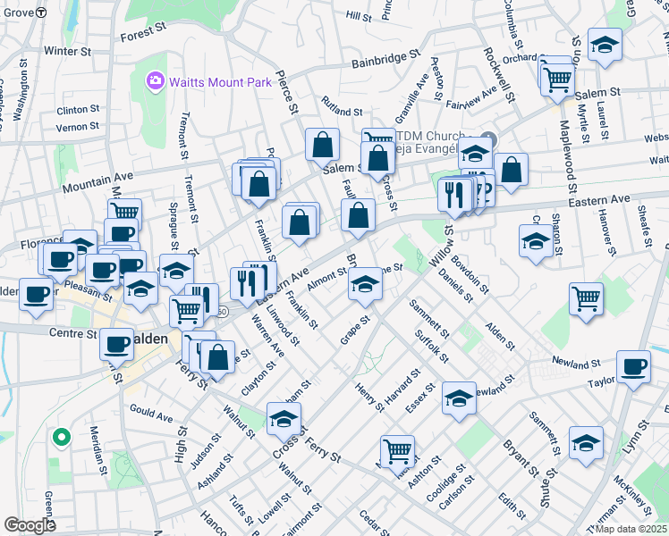map of restaurants, bars, coffee shops, grocery stores, and more near 67 Almont Street in Malden