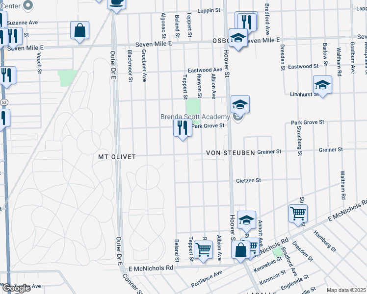 map of restaurants, bars, coffee shops, grocery stores, and more near 18025 Teppert Street in Detroit