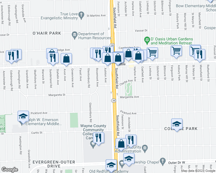 map of restaurants, bars, coffee shops, grocery stores, and more near 18582 Ashton Avenue in Detroit