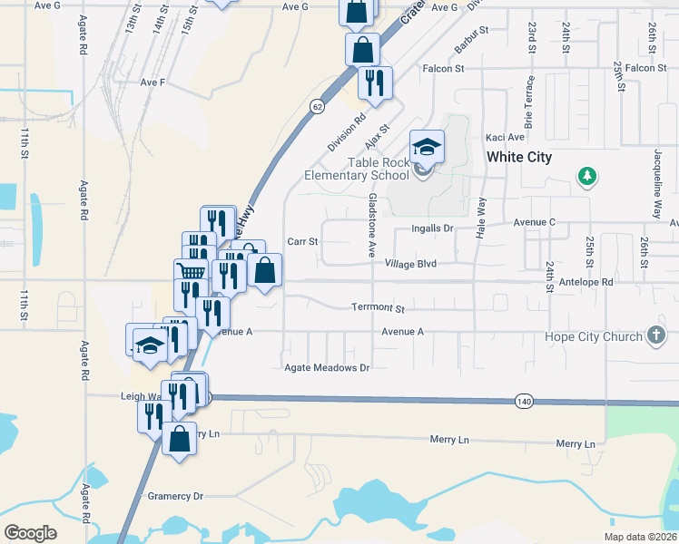 map of restaurants, bars, coffee shops, grocery stores, and more near 2622 Village Blvd in White City