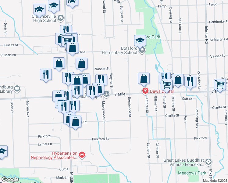 map of restaurants, bars, coffee shops, grocery stores, and more near 28720 West Seven Mile Road in Livonia