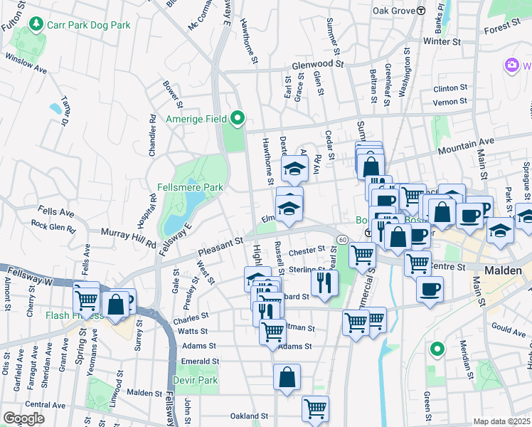 map of restaurants, bars, coffee shops, grocery stores, and more near 69 Elm Street in Malden