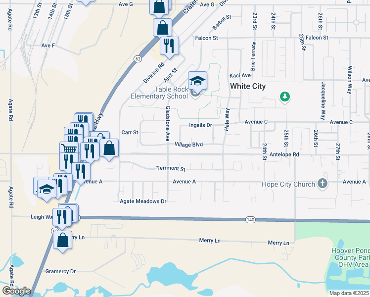 map of restaurants, bars, coffee shops, grocery stores, and more near 2714 Village Blvd in White City