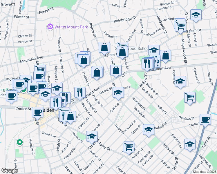 map of restaurants, bars, coffee shops, grocery stores, and more near 67 Almont Street in Malden