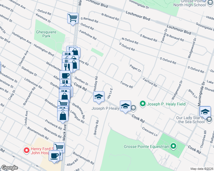 map of restaurants, bars, coffee shops, grocery stores, and more near 19888 Ida Lane West in Grosse Pointe Woods
