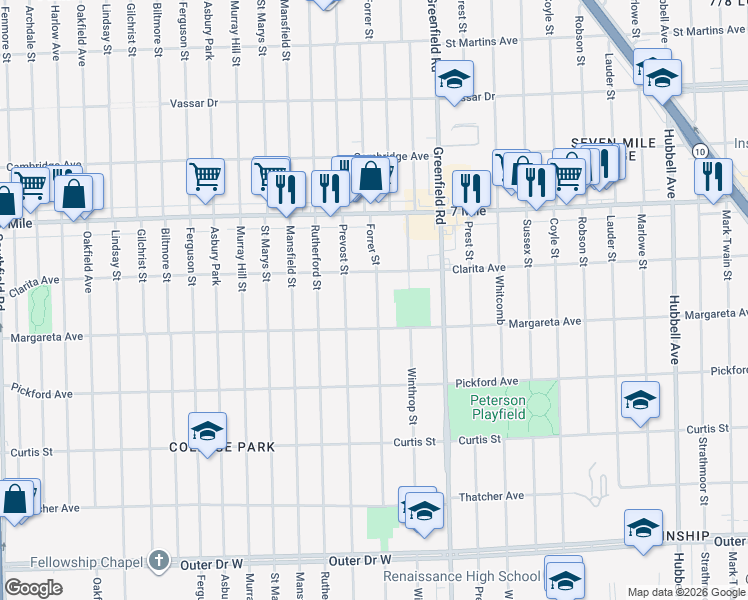 map of restaurants, bars, coffee shops, grocery stores, and more near 18644 Forrer Street in Detroit