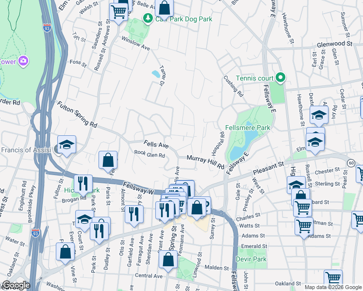map of restaurants, bars, coffee shops, grocery stores, and more near 24 Landry Road in Medford