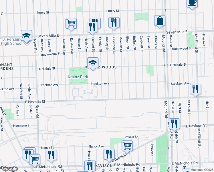 map of restaurants, bars, coffee shops, grocery stores, and more near 18105 Conley Street in Detroit
