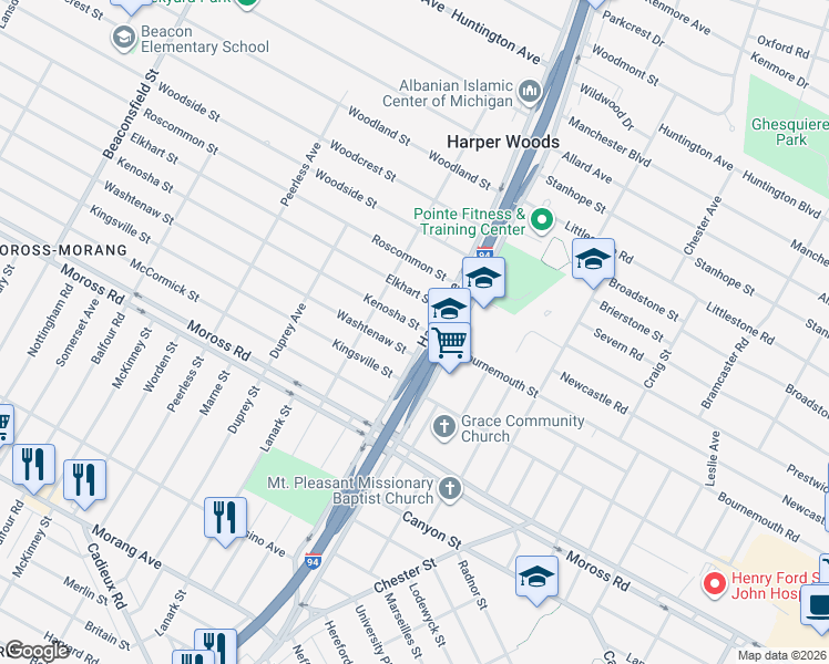 map of restaurants, bars, coffee shops, grocery stores, and more near 20696 Kenosha Street in Harper Woods