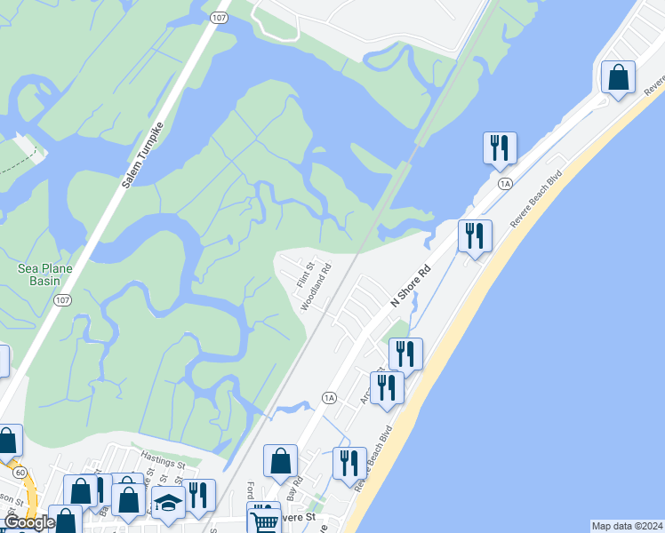 map of restaurants, bars, coffee shops, grocery stores, and more near 77 Woodland Road in Revere