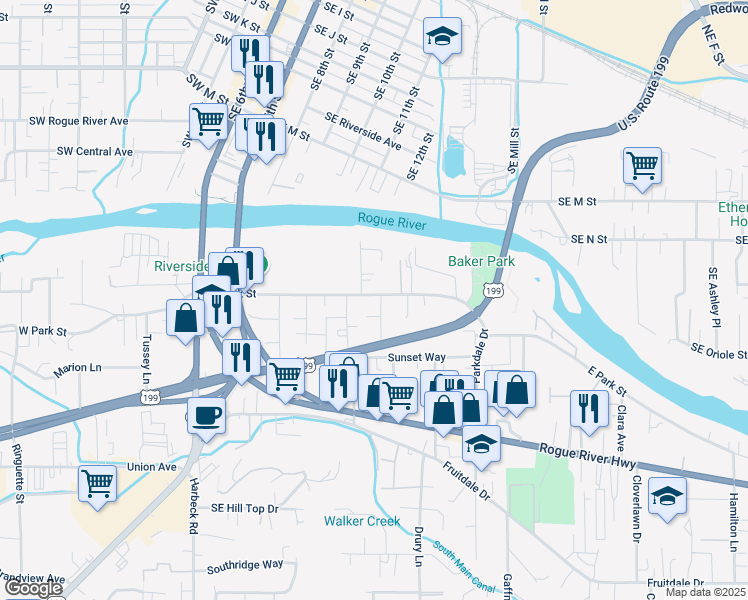 map of restaurants, bars, coffee shops, grocery stores, and more near 495 East Park Street in Grants Pass