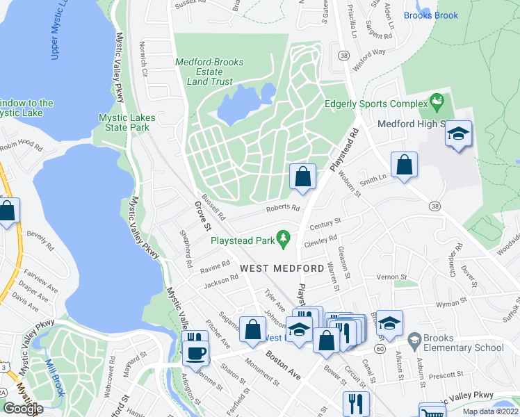 map of restaurants, bars, coffee shops, grocery stores, and more near 77 Roberts Road in Medford