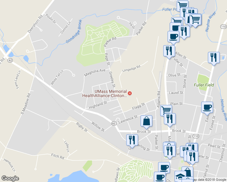 map of restaurants, bars, coffee shops, grocery stores, and more near 222 Greeley Street in Clinton