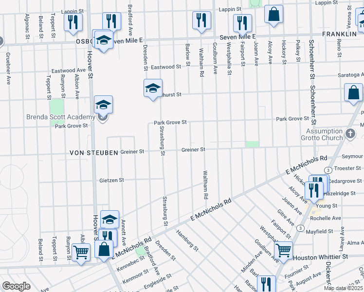 map of restaurants, bars, coffee shops, grocery stores, and more near 12511 Greiner St in Detroit