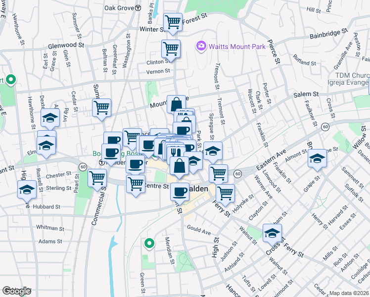 map of restaurants, bars, coffee shops, grocery stores, and more near 513 Pleasant Street in Malden