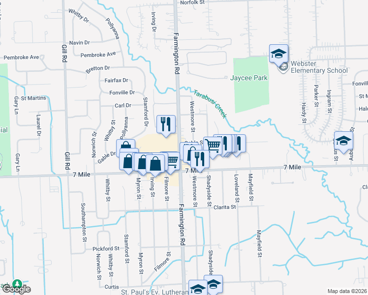 map of restaurants, bars, coffee shops, grocery stores, and more near 19250 Farmington Road in Livonia
