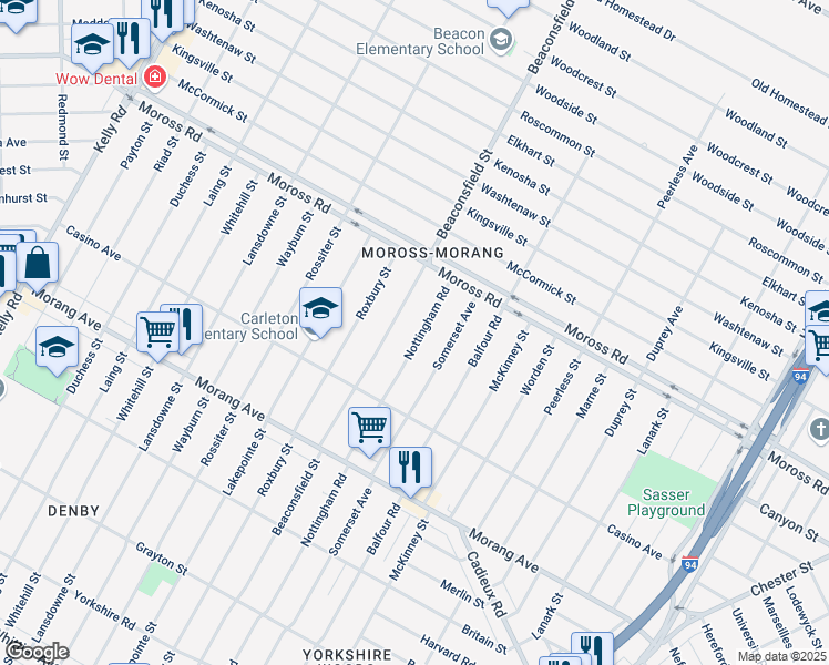 map of restaurants, bars, coffee shops, grocery stores, and more near 11653 Nottingham Road in Detroit