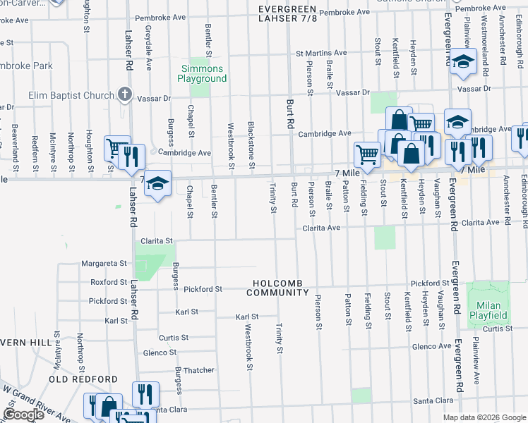 map of restaurants, bars, coffee shops, grocery stores, and more near 18967 Trinity Street in Detroit