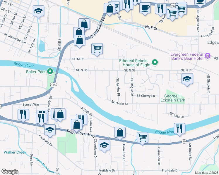 map of restaurants, bars, coffee shops, grocery stores, and more near 1055 Southeast Clarey Avenue in Grants Pass