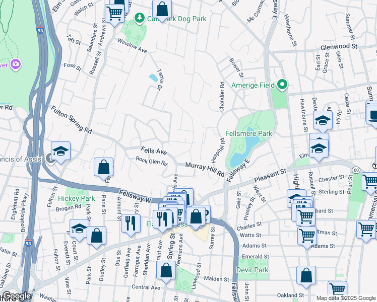 map of restaurants, bars, coffee shops, grocery stores, and more near 70 Landry Road in Medford