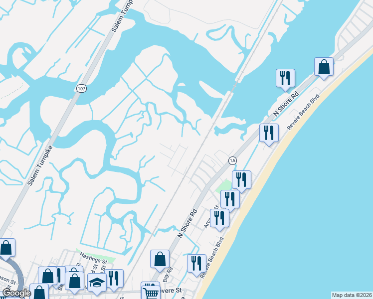 map of restaurants, bars, coffee shops, grocery stores, and more near 77 Woodland Road in Revere